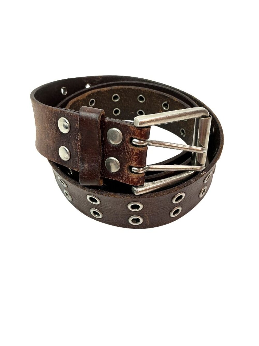 Vintage Distressed Cowhide Leather Belt Double Prong Roller Buckle & Grommet Det